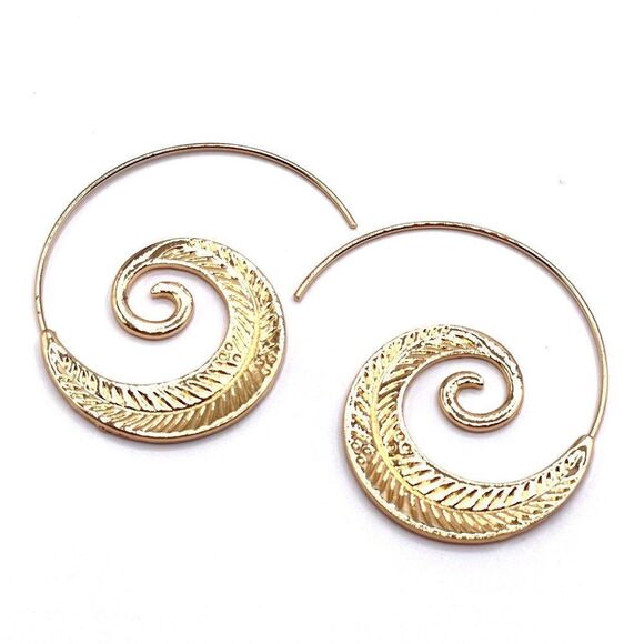 BijouStudios Earrings Jewelry - Yellow Gold Tribal Boho Mandala Spiral Swirl Hook Earrings